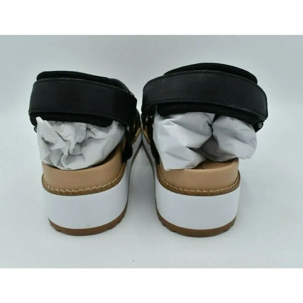 Lucky Brand Women Size 9.5 Idenia Wedge Strappy Black Saddle Leather Sandal Shoe